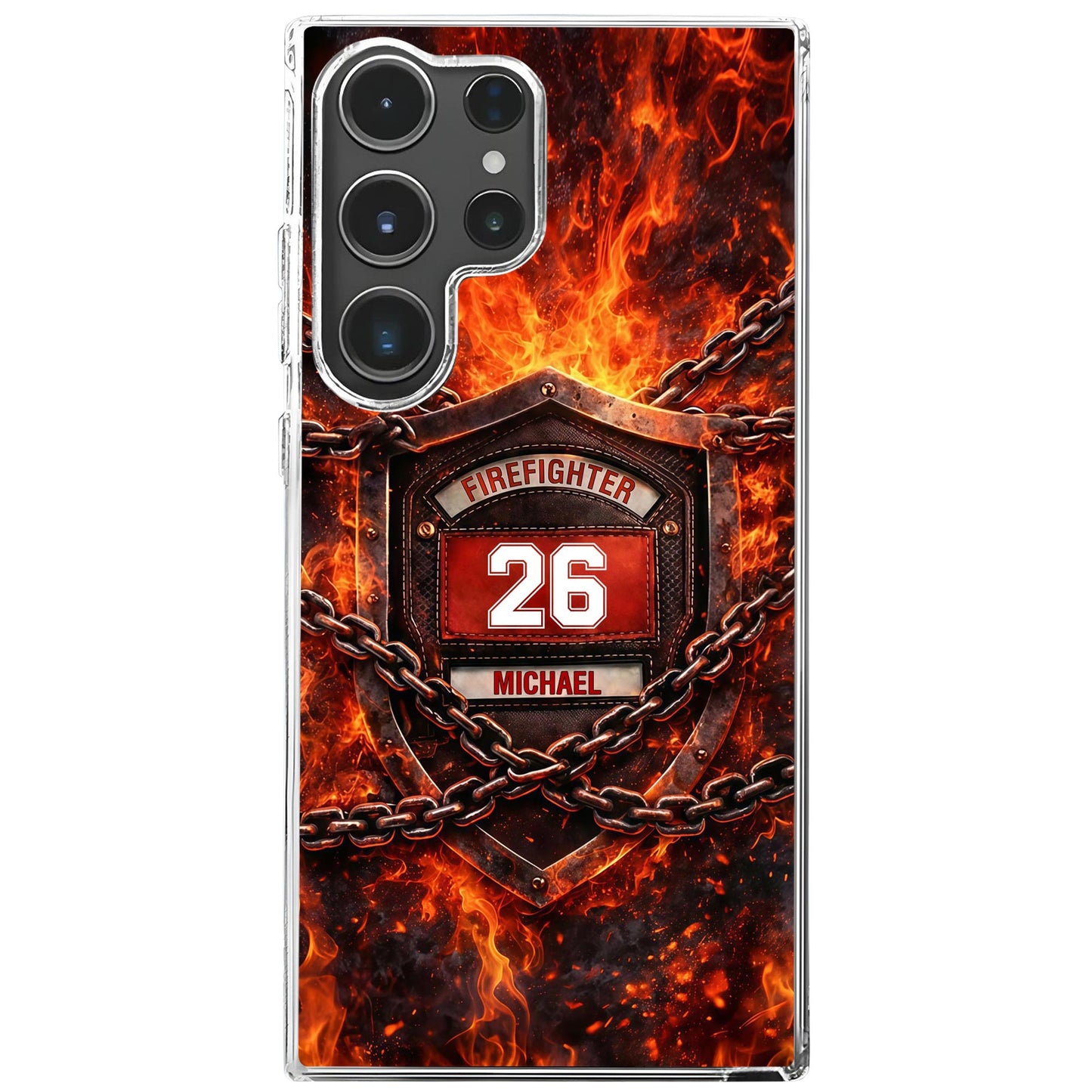 Firefighter Shield With Flames And Metal Chains Design