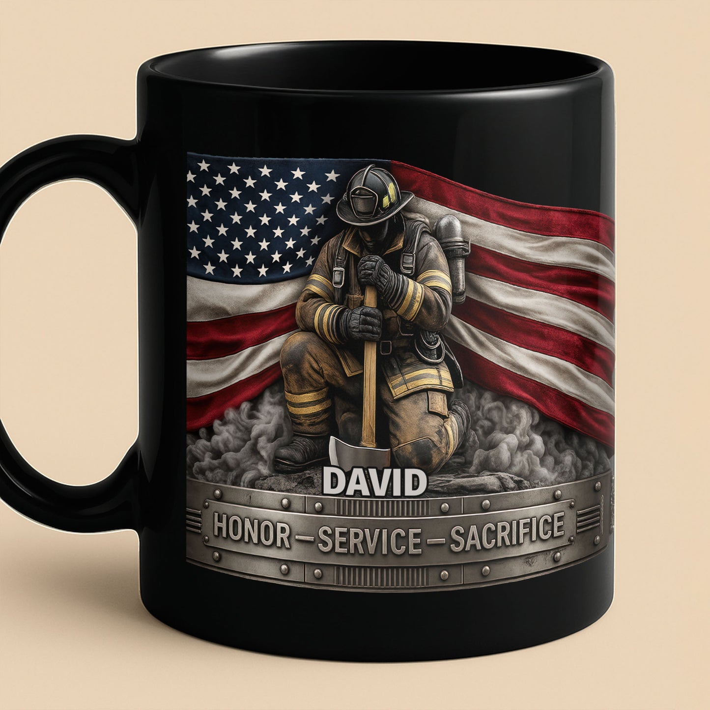 Honor Service Sacrifice Firefighter American Flag And Axe - Personalized Custom Black Mug - FIF070_BMUG