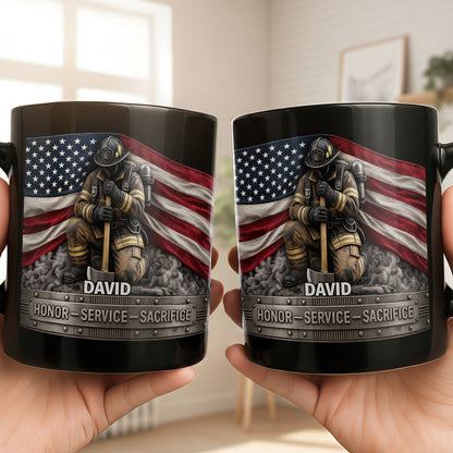 Honor Service Sacrifice Firefighter American Flag And Axe - Personalized Custom Black Mug - FIF070_BMUG
