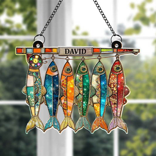 A Day Spent Fishing, Colorful Hanging Fish And Fishing Rod Design