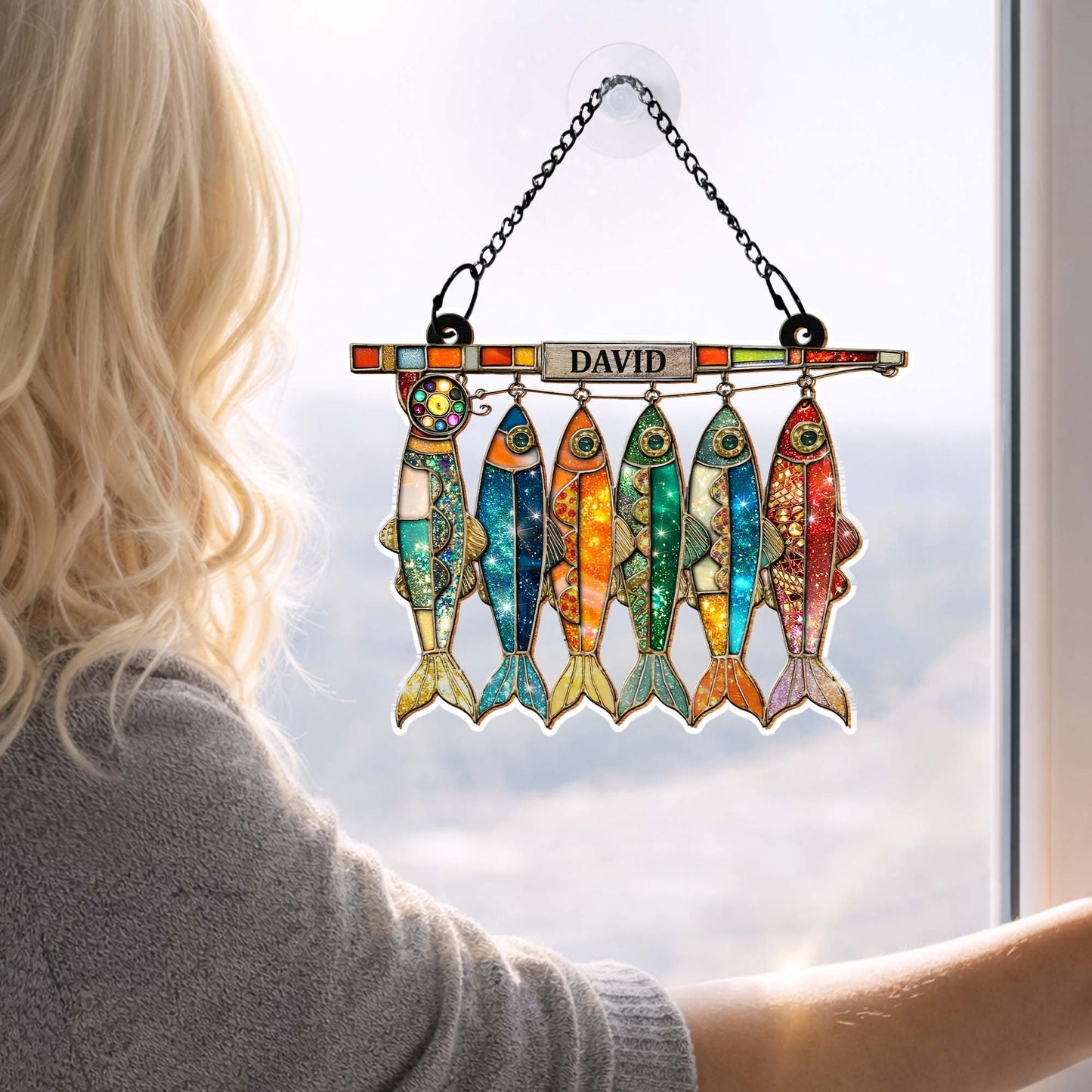 A Day Spent Fishing, Colorful Hanging Fish And Fishing Rod Design