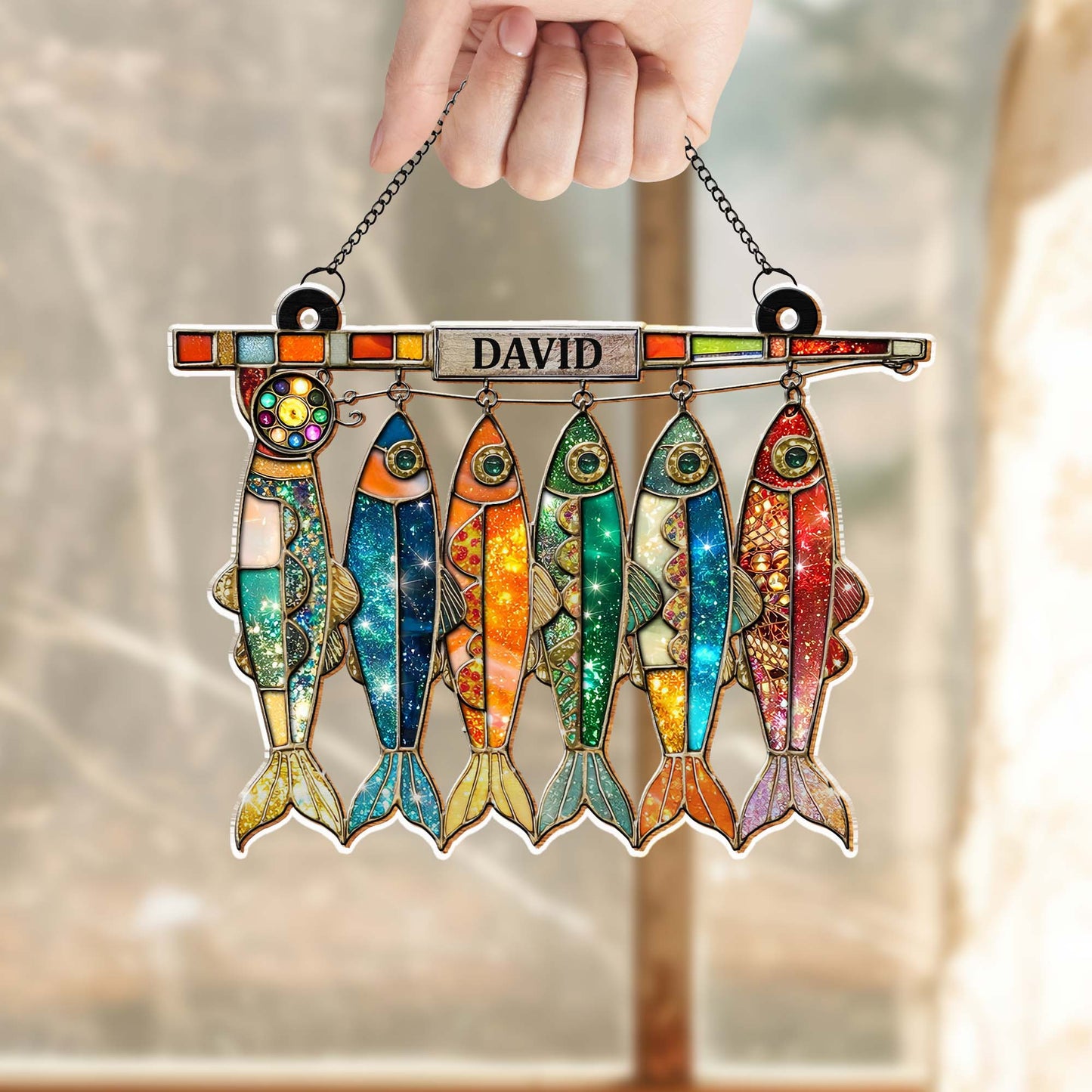 A Day Spent Fishing, Colorful Hanging Fish And Fishing Rod Design