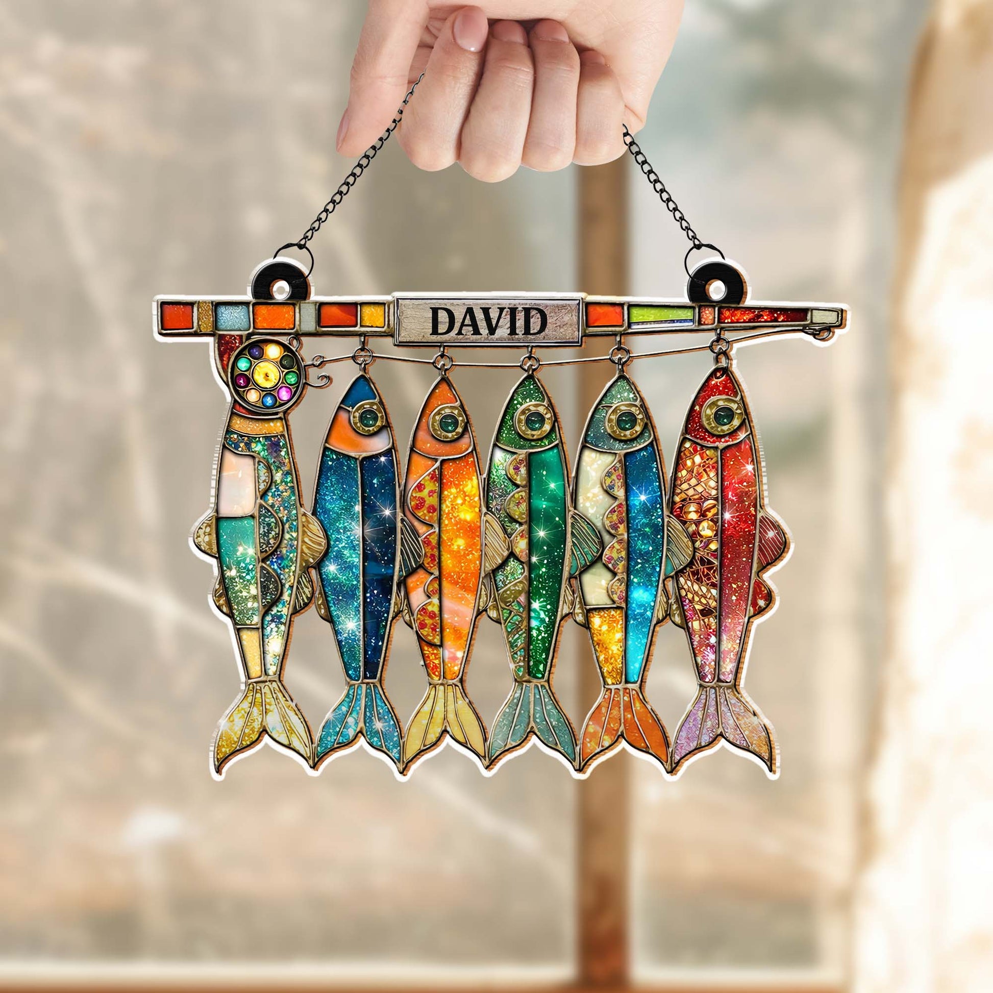 A Day Spent Fishing, Colorful Hanging Fish And Fishing Rod Design