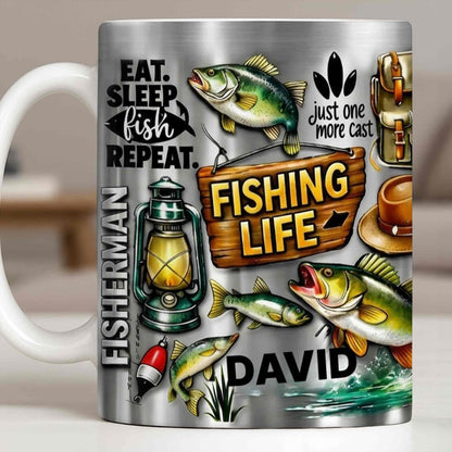 Eat Sleep Fish Repeat Fishing Life Fisherman With Fish And Gear - Personalized Custom Coffee Mug - FISH025_MG