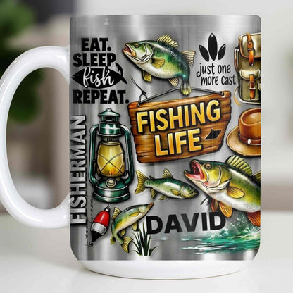 Eat Sleep Fish Repeat Fishing Life Fisherman With Fish And Gear - Personalized Custom Coffee Mug - FISH025_MG