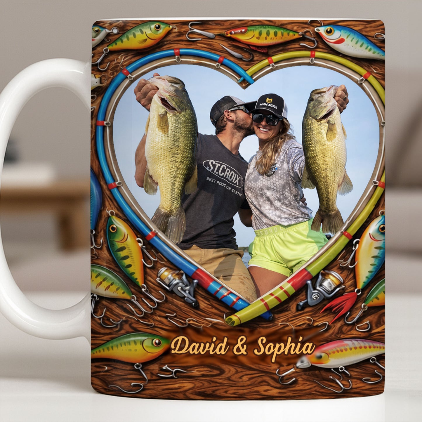 Hooked On Love Forever Fishing Rod Heart With Fish Lures - Personalized Custom Coffee Mug - FISH029_MG