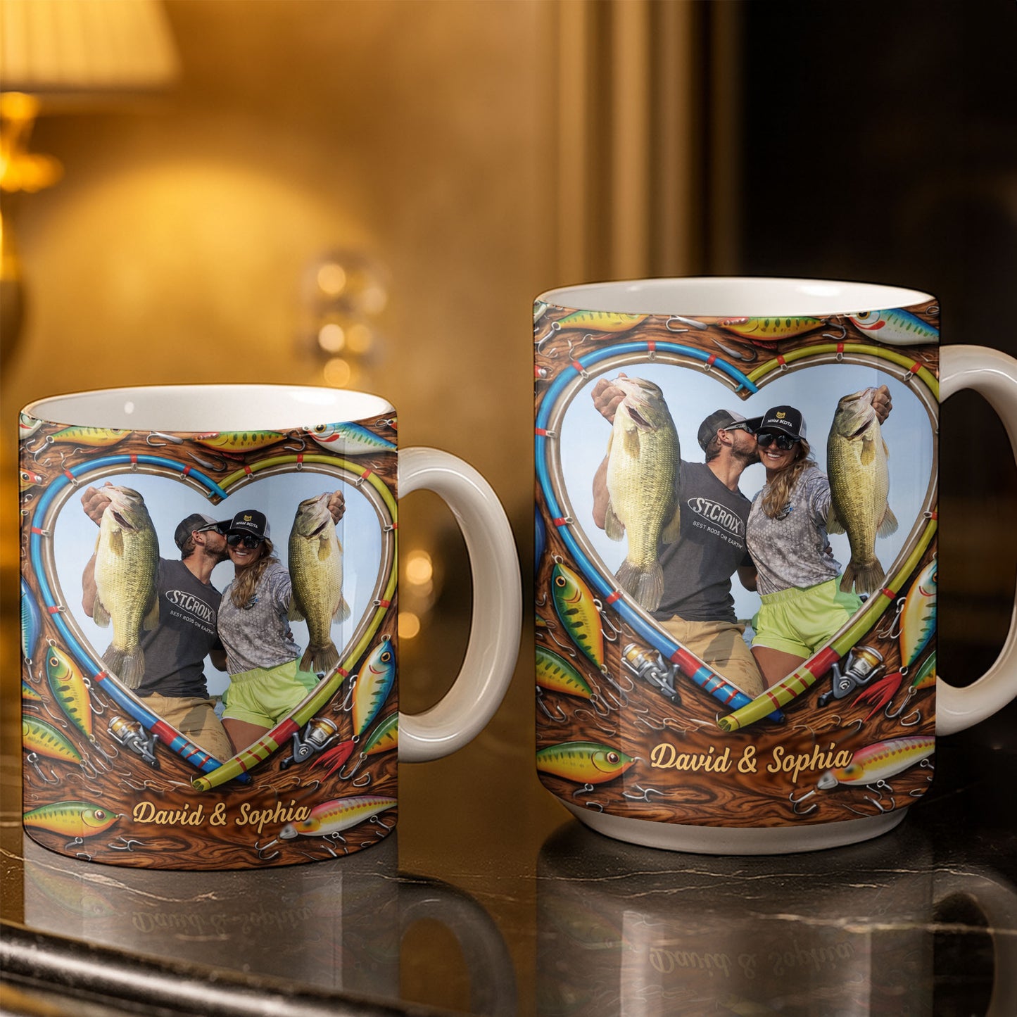 Hooked On Love Forever Fishing Rod Heart With Fish Lures - Personalized Custom Coffee Mug - FISH029_MG