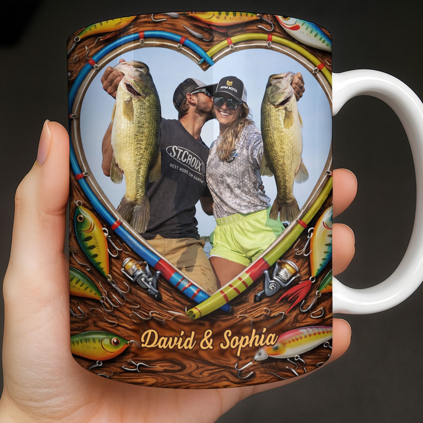 Hooked On Love Forever Fishing Rod Heart With Fish Lures - Personalized Custom Coffee Mug - FISH029_MG
