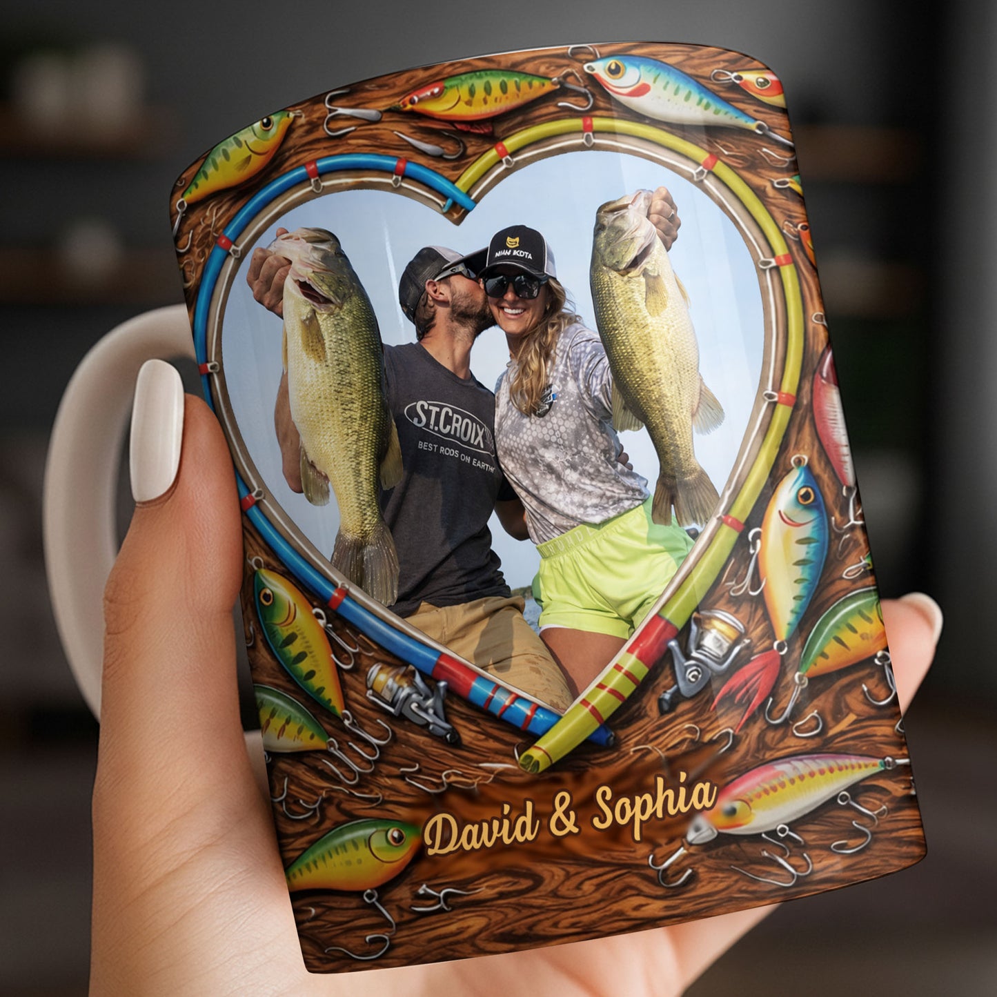 Hooked On Love Forever Fishing Rod Heart With Fish Lures - Personalized Custom Coffee Mug - FISH029_MG