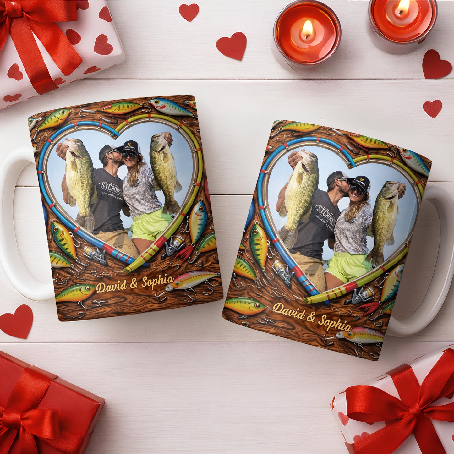 Hooked On Love Forever Fishing Rod Heart With Fish Lures - Personalized Custom Coffee Mug - FISH029_MG