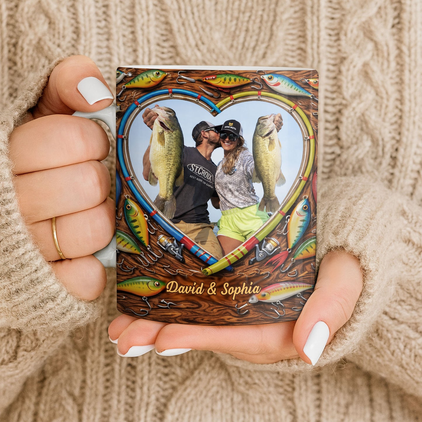Hooked On Love Forever Fishing Rod Heart With Fish Lures - Personalized Custom Coffee Mug - FISH029_MG