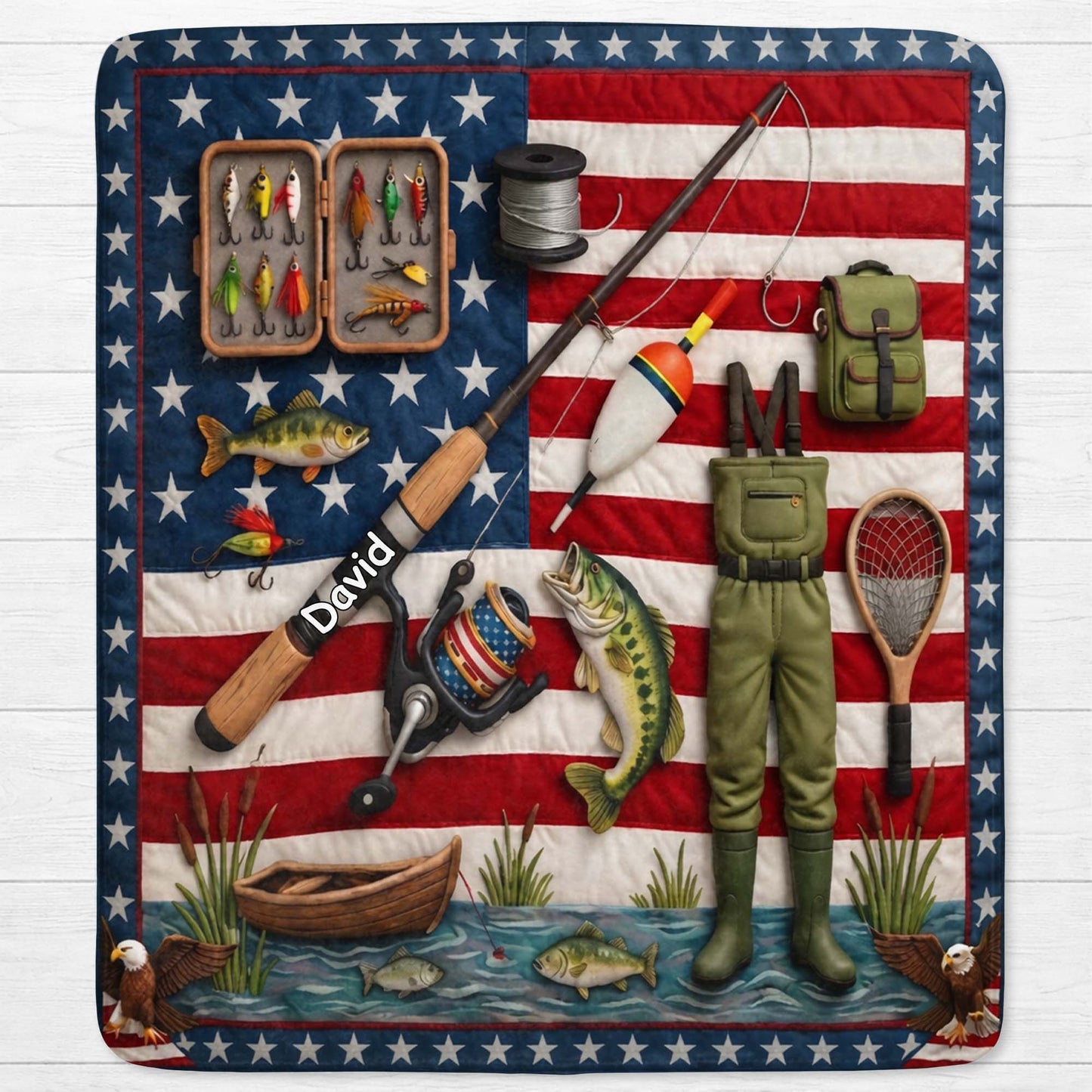 A True American Fisherman Hooked On Freedom With Fishing Gear - Personalized Custom Blanket - FISH038_BLK