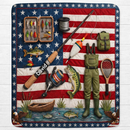 A True American Fisherman Hooked On Freedom With Fishing Gear - Personalized Custom Blanket - FISH038_BLK