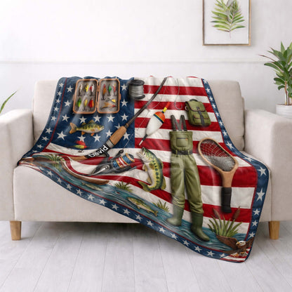 A True American Fisherman Hooked On Freedom With Fishing Gear - Personalized Custom Blanket - FISH038_BLK