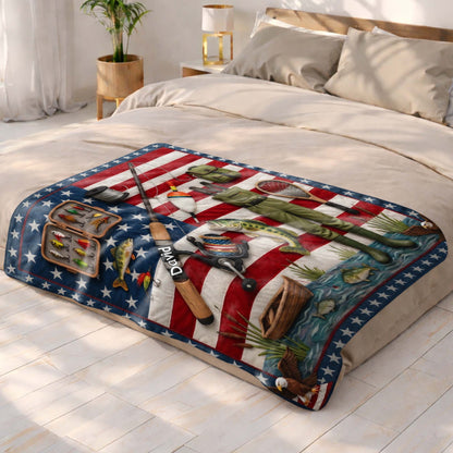 A True American Fisherman Hooked On Freedom With Fishing Gear - Personalized Custom Blanket - FISH038_BLK