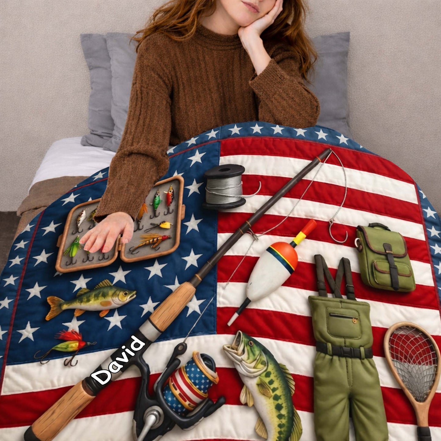 A True American Fisherman Hooked On Freedom With Fishing Gear - Personalized Custom Blanket - FISH038_BLK