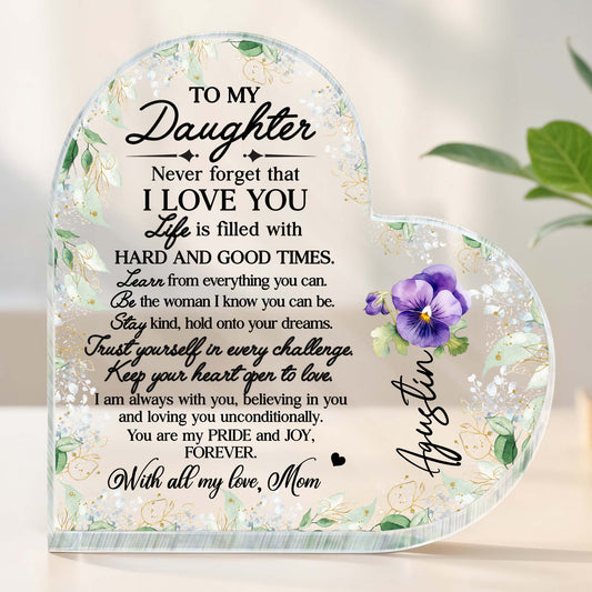 Heartfelt Message To My Daughter With Flowers And Love - Personalized Heart Shaped Acrylic Plaque - FM006_HAP