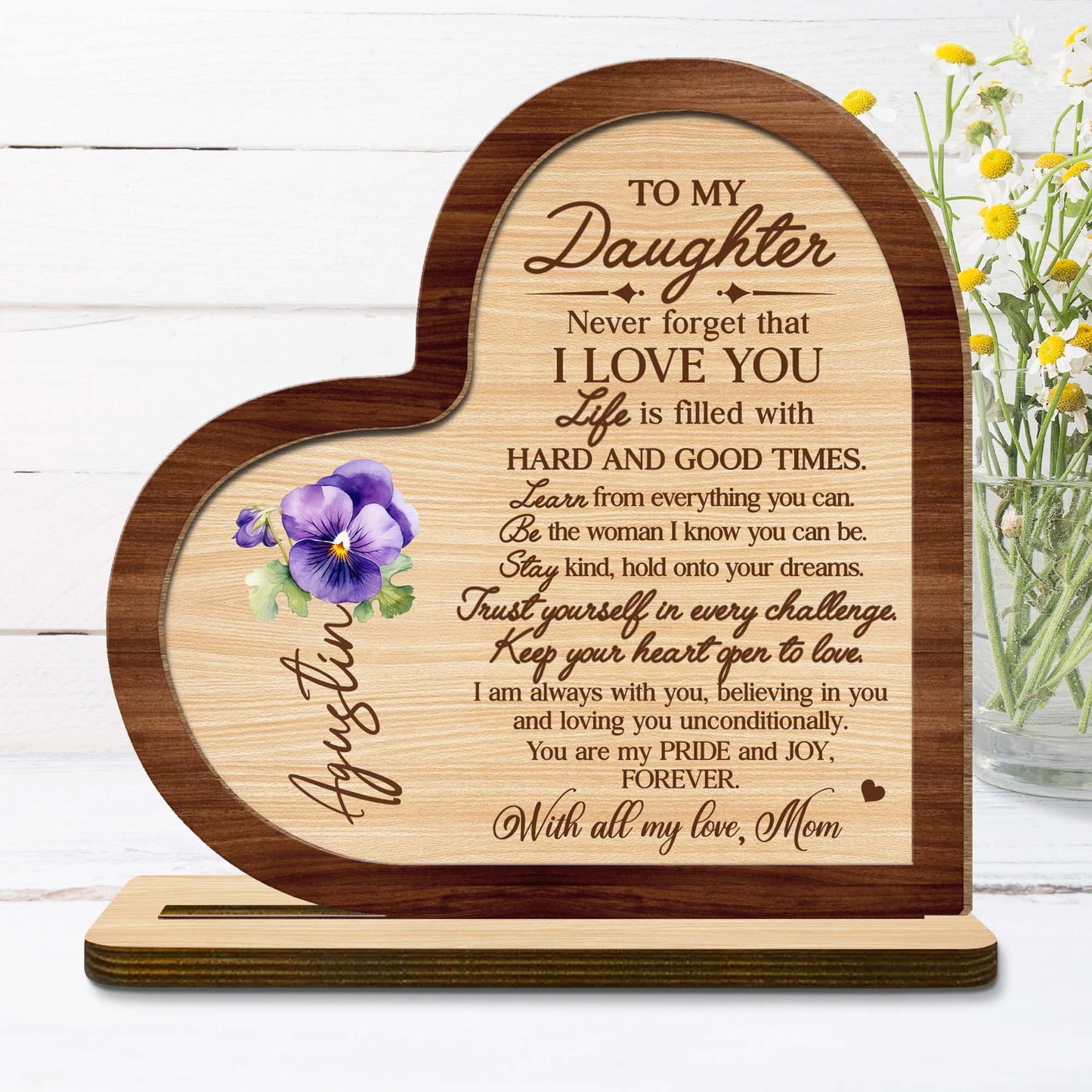 Message d'amour éternel pour ma fille avec cœur et pensées - Plaque en bois personnalisée à 2 couches avec base plate - FM006_WPLA