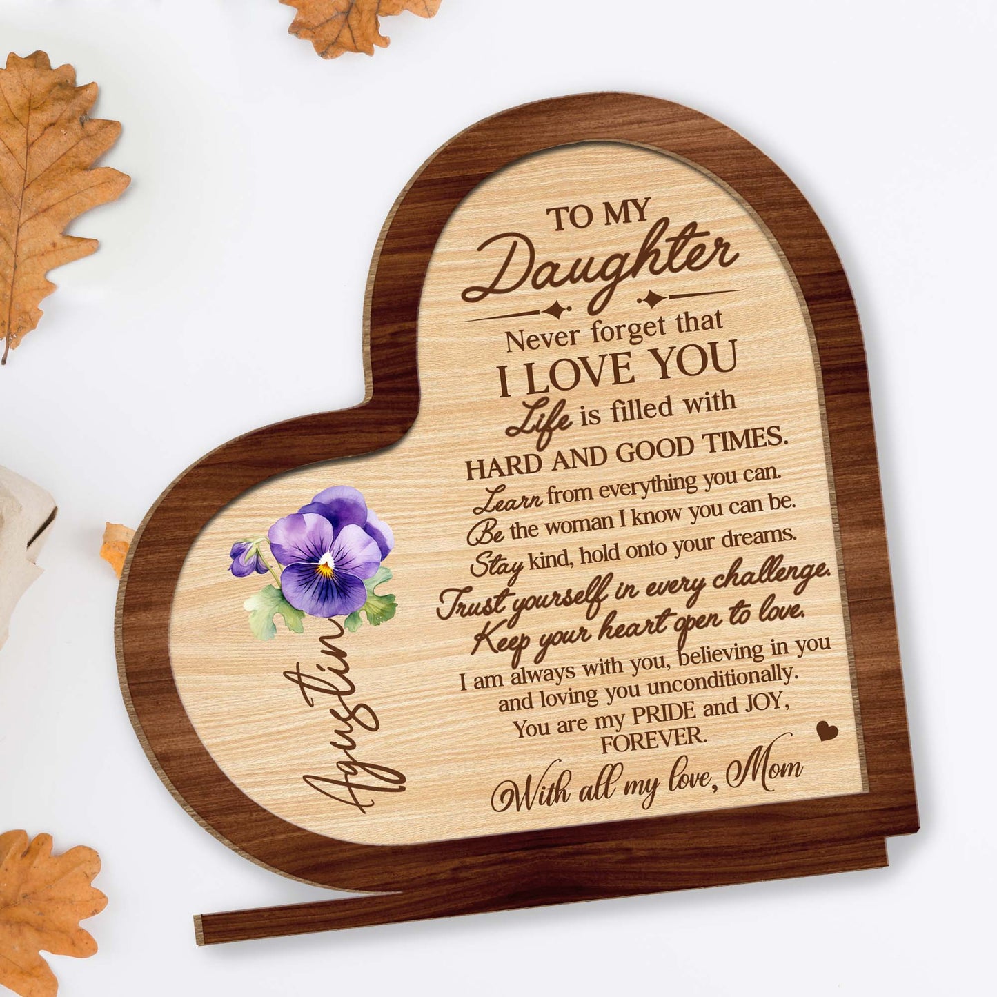 Message d'amour éternel pour ma fille avec cœur et pensées - Plaque en bois personnalisée à 2 couches avec base plate - FM006_WPLA