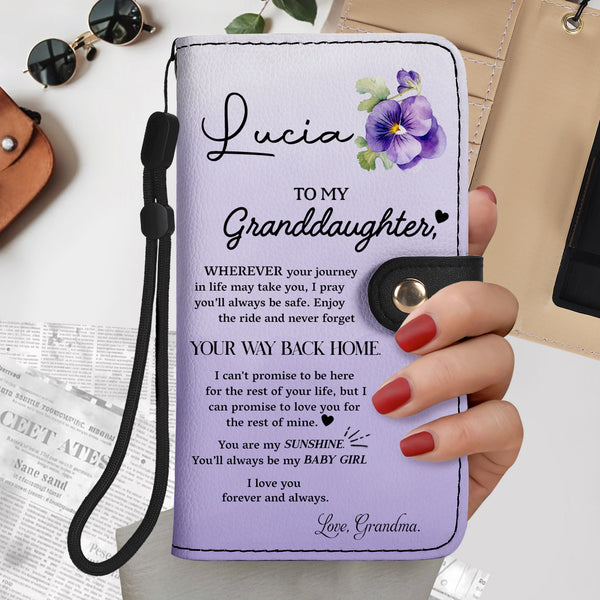 Portefeuille en cuir personnalisé avec message d'amour floral « Forever My Baby Girl » - FM029_PW