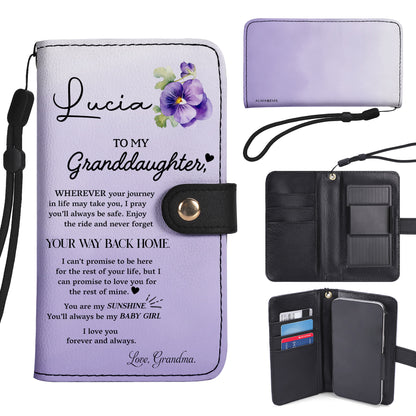 Portefeuille en cuir personnalisé avec message d'amour floral « Forever My Baby Girl » - FM029_PW