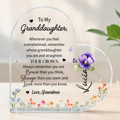 Granddaughter Crown And Flowers Heartfelt Message - Personalized Heart Shaped Acrylic Plaque - FM032_HAP