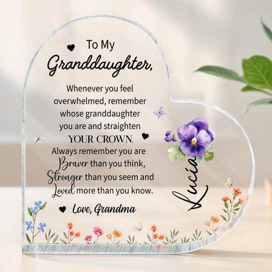 Granddaughter Crown And Flowers Heartfelt Message - Personalized Heart Shaped Acrylic Plaque - FM032_HAP