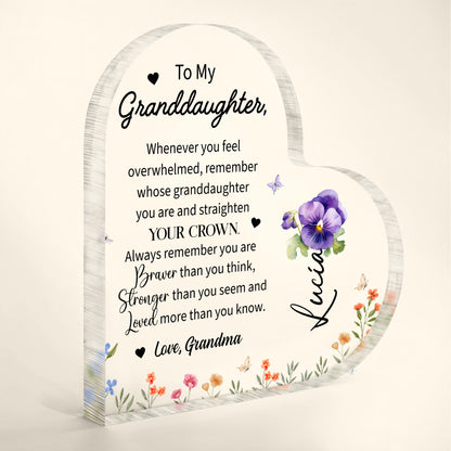Granddaughter Crown And Flowers Heartfelt Message - Personalized Heart Shaped Acrylic Plaque - FM032_HAP
