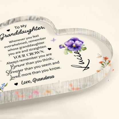 Granddaughter Crown And Flowers Heartfelt Message - Personalized Heart Shaped Acrylic Plaque - FM032_HAP