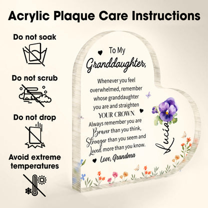 Granddaughter Crown And Flowers Heartfelt Message - Personalized Heart Shaped Acrylic Plaque - FM032_HAP