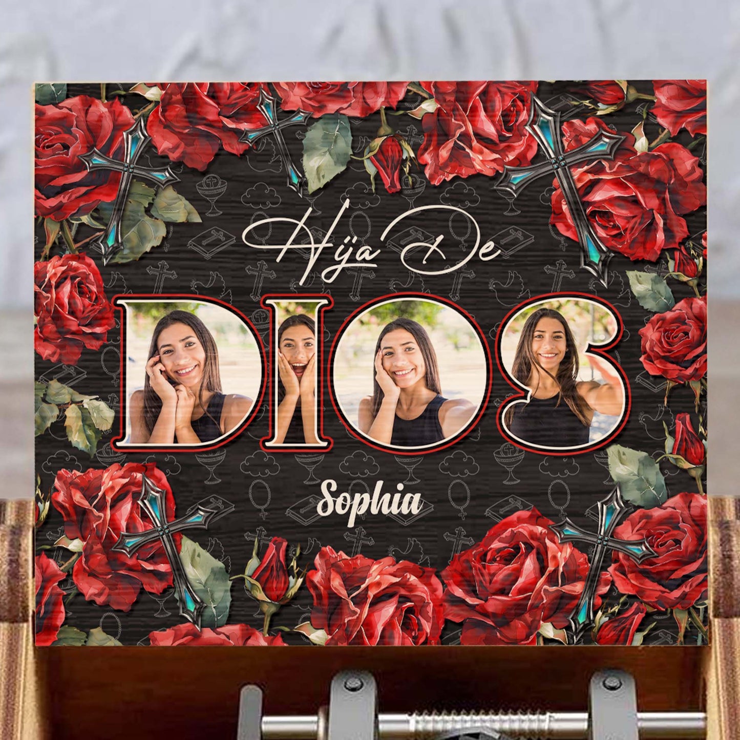 Daughter Of God Surrounded By Roses And Crosses - Custom Music Box With "You Are My Sunshine" Tune - FTH032_MZB