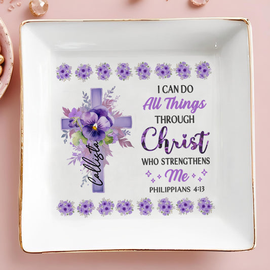 I Can Do All Things Through Christ Floral Cross Jewelry Dish
