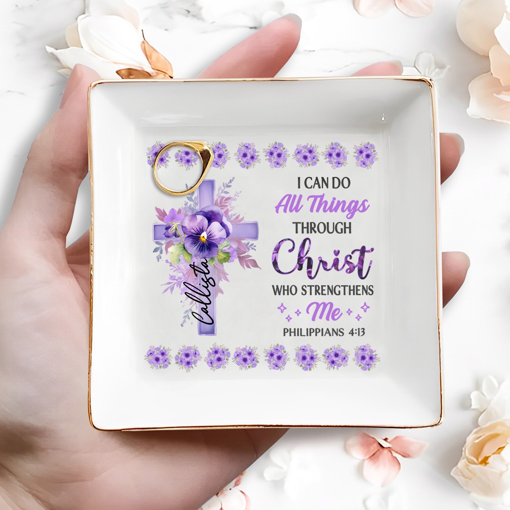 I Can Do All Things Through Christ Floral Cross Jewelry Dish