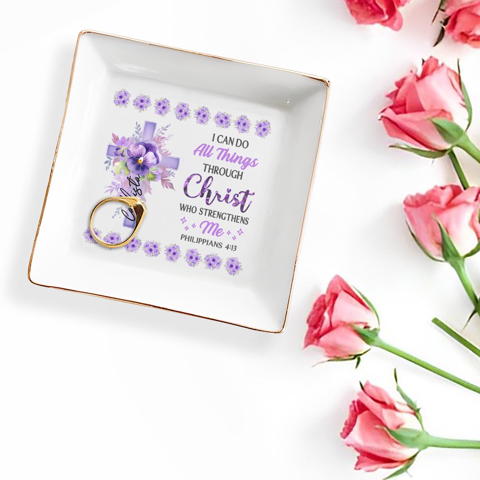 I Can Do All Things Through Christ Floral Cross Jewelry Dish