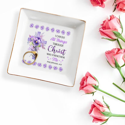 I Can Do All Things Through Christ Floral Cross Jewelry Dish