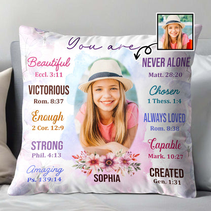 Beautiful, Strong, Amazing Pillow With Biblical Verses And Floral Design - Personalized Custom Pillow, Insert Included - FTH036_PLW
