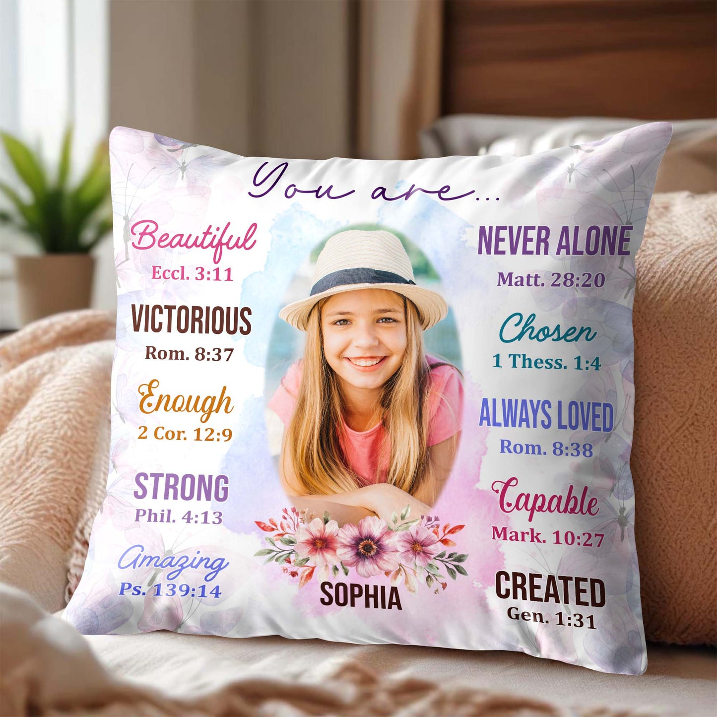 Beautiful, Strong, Amazing Pillow With Biblical Verses And Floral Design