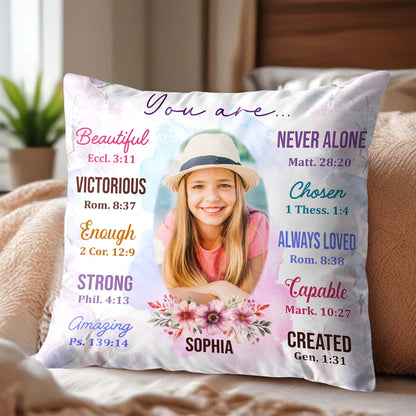 Beautiful, Strong, Amazing Pillow With Biblical Verses And Floral Design