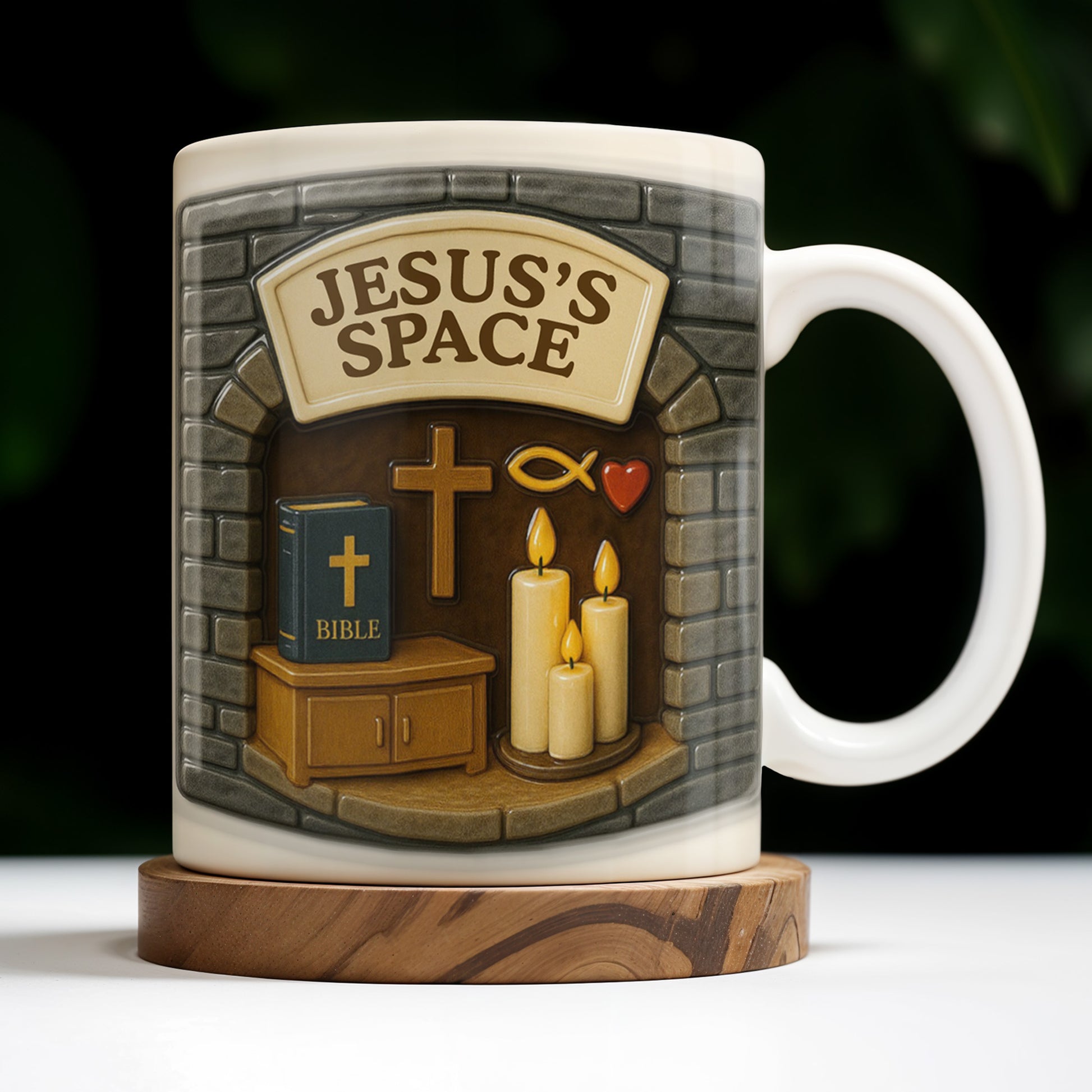 Jesus's Space, Candles, Bible, And Cross Design