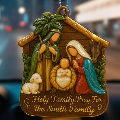 Holy Family Pray For Us, Holy Family Lamb and Donkey - Personalized Custom Wood Ornament, Car Hanging Ornament - FTH050_WCA