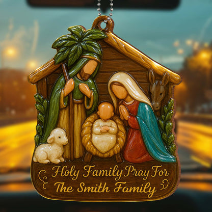 Holy Family Pray For Us, Holy Family Lamb and Donkey - Personalized Custom Wood Ornament, Car Hanging Ornament - FTH050_WCA