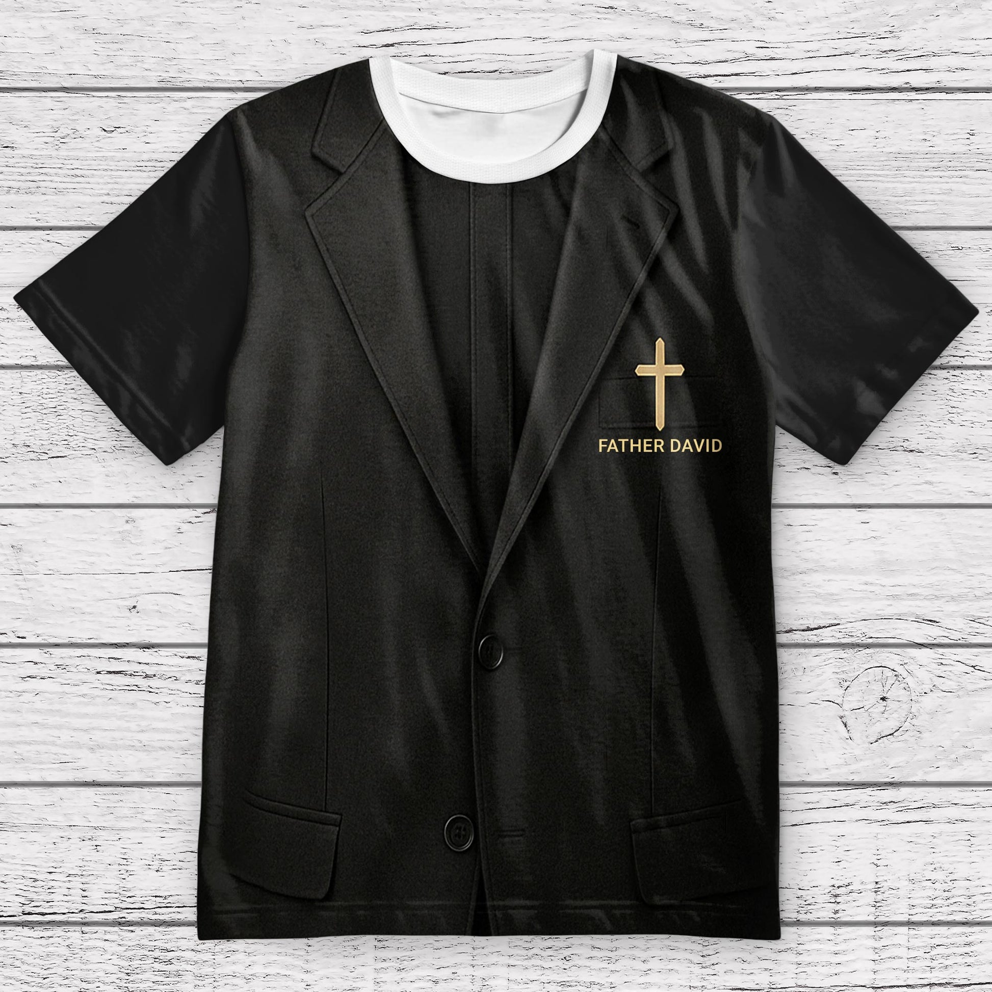 Father David T-Shirt With Cross And Suit Design