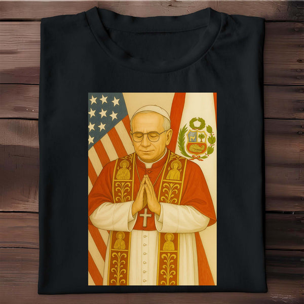 Religious Figure Praying, US And Peruvian Flags