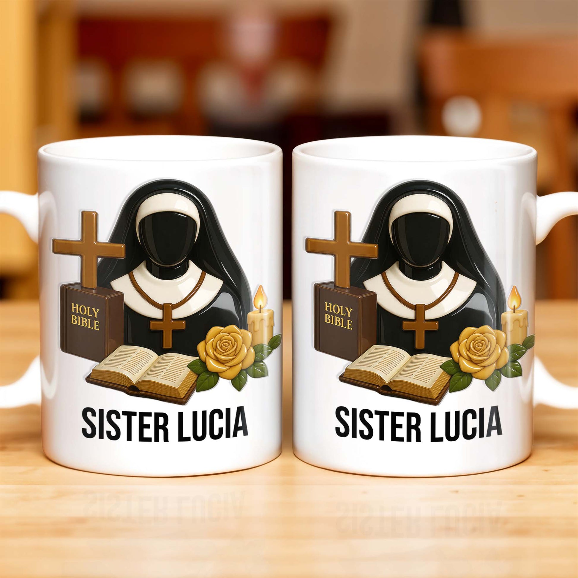 Customize Your Spiritual Coffee Mug With Icons Like Nun, Cross, And Rose