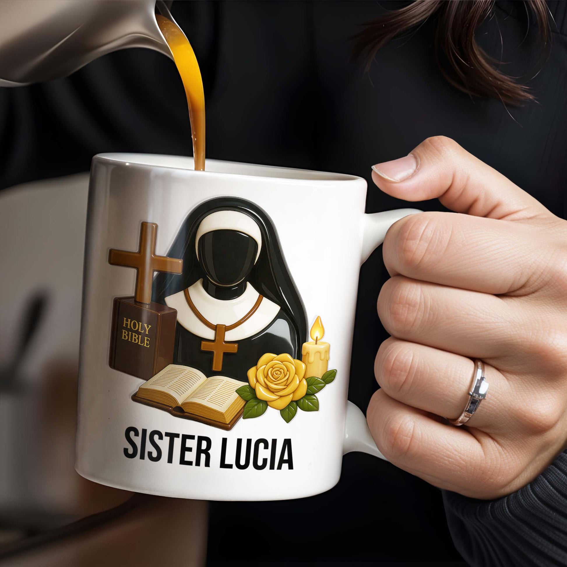 Customize Your Spiritual Coffee Mug With Icons Like Nun, Cross, And Rose