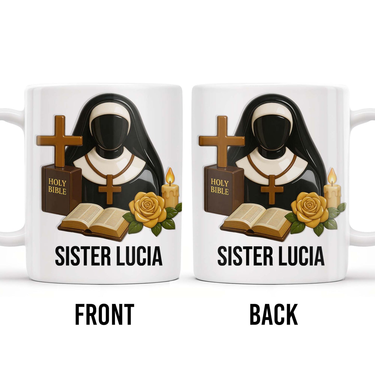 Customize Your Spiritual Coffee Mug With Icons Like Nun, Cross, And Rose