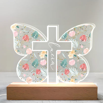 Floral and Botanical Elements Cross Design - Personalized LED Night Light With Wooden Base - FTH058_LEWO