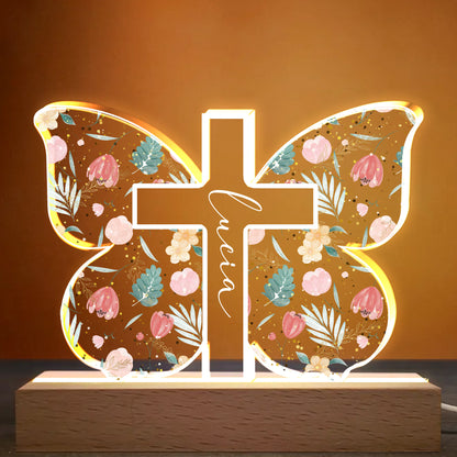 Floral and Botanical Elements Cross Design - Personalized LED Night Light With Wooden Base - FTH058_LEWO