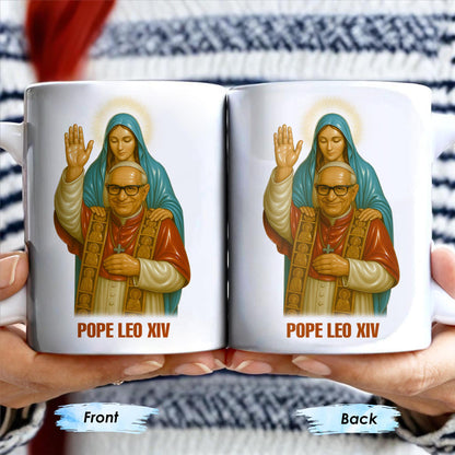 Pope Leo XIV Coffee Mug Featuring Pope and Virgin Mary