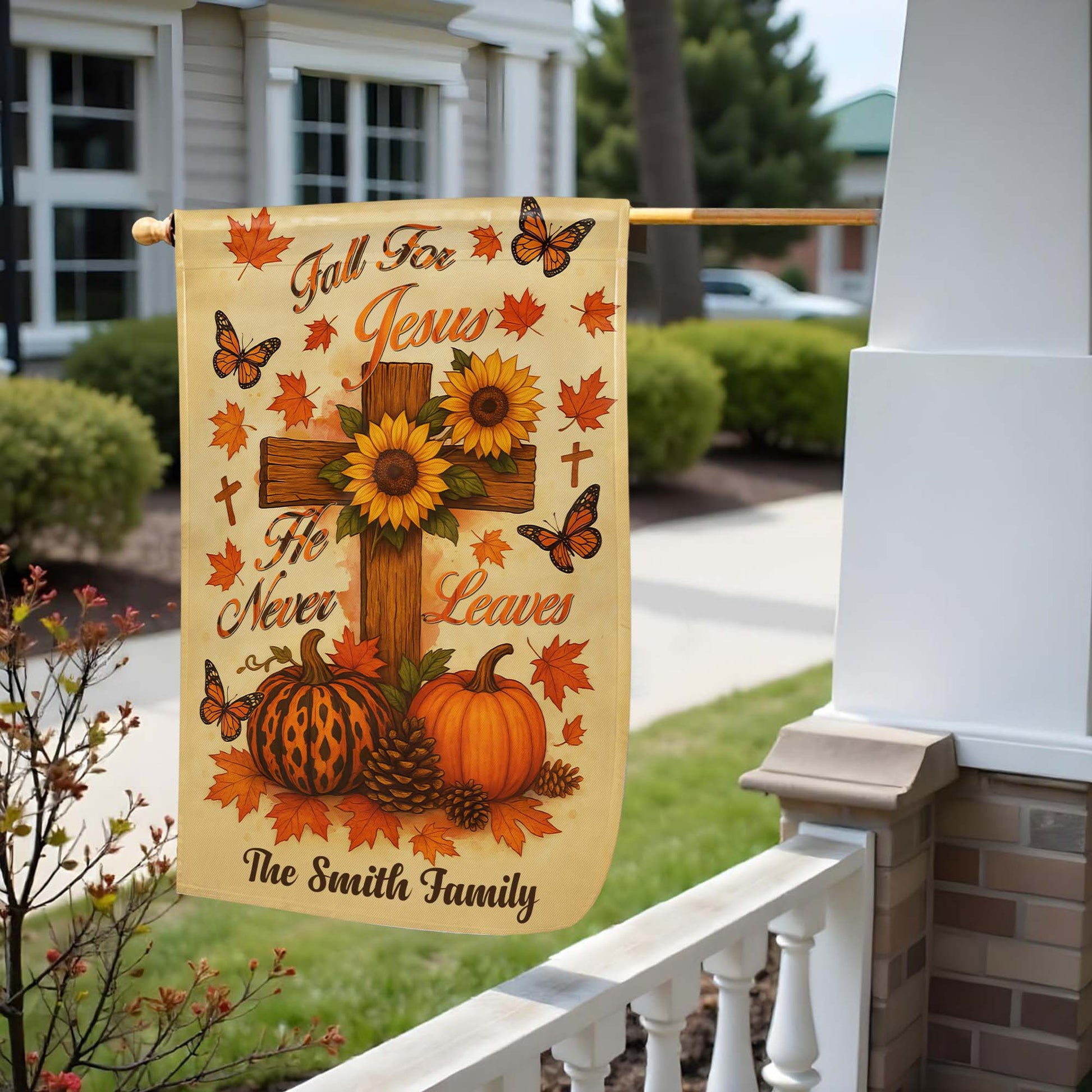 Fall For Jesus, He Never Leaves, Cross and Autumn Theme